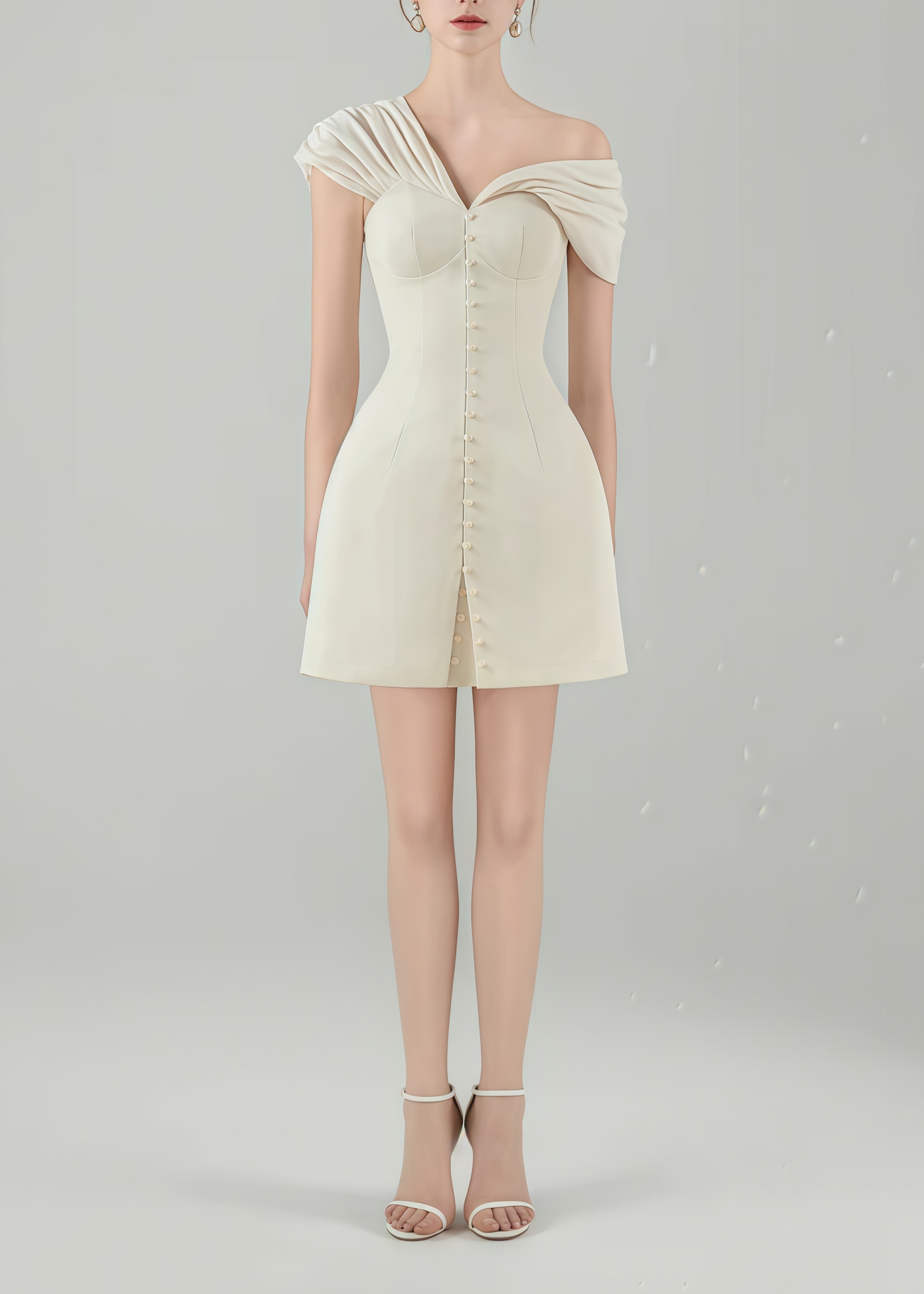 Diandra Cream White Plunge Neck Ruched Mini Dress