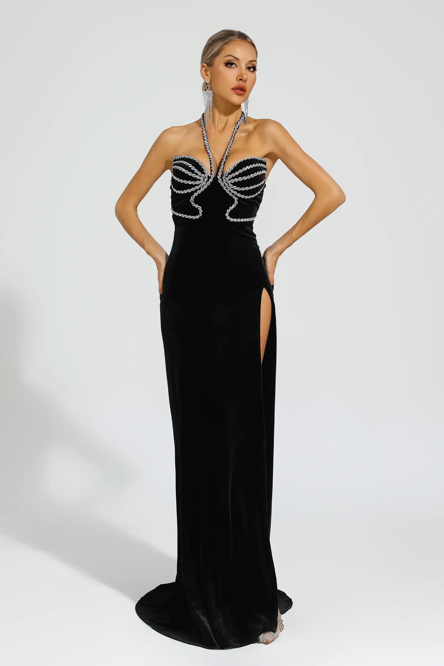 Cailynn Diamond Halter Dress In Black