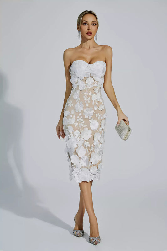 Lotus White Lace Flower Off-shoulder Dress