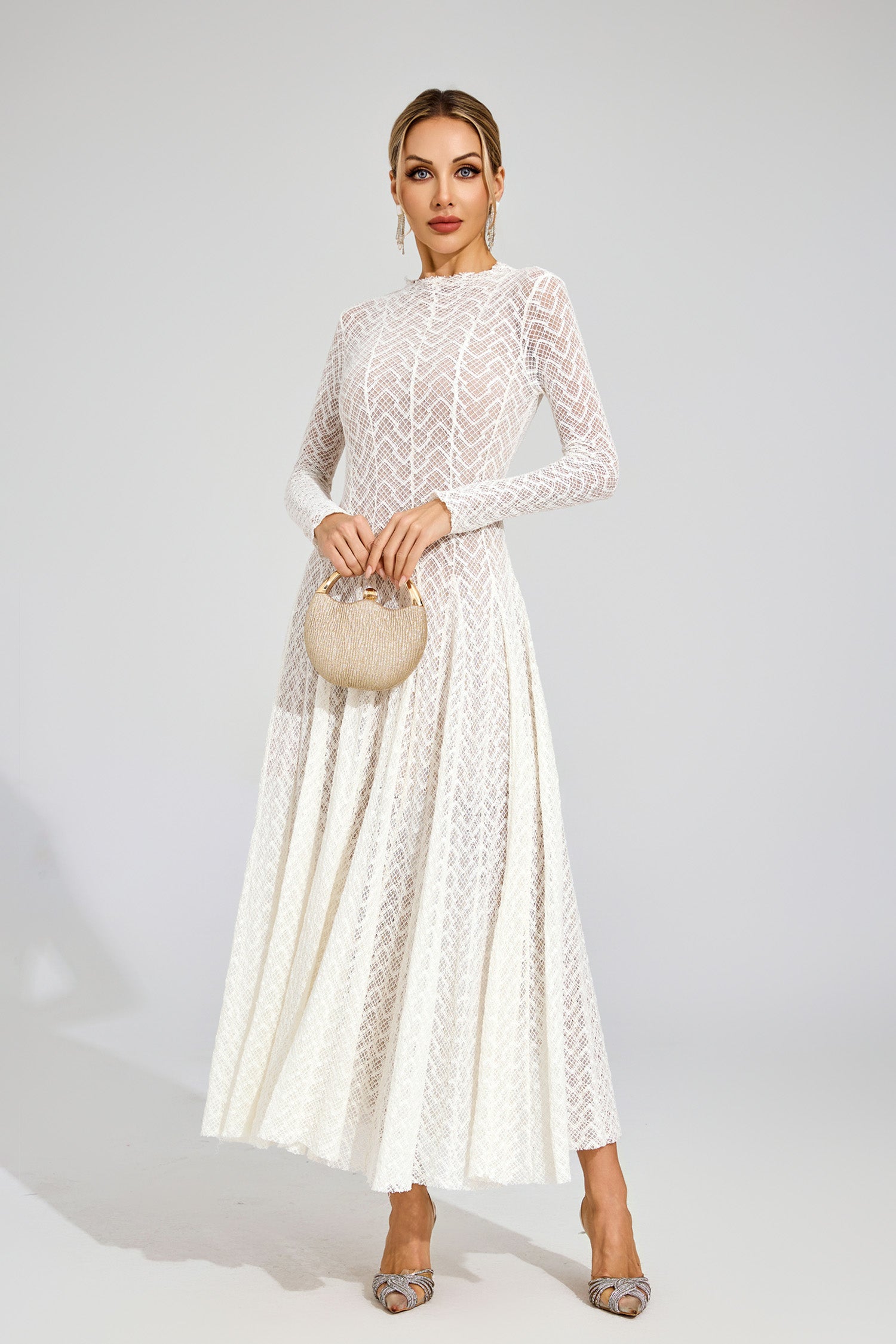 Eryndel Lace Long Sleeve Maxi Dress In White White / M Eryndel Lace Long Sleeve Maxi Dress In White White / M