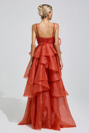 Mavrek Red Halter Ruffle Maxi Dress