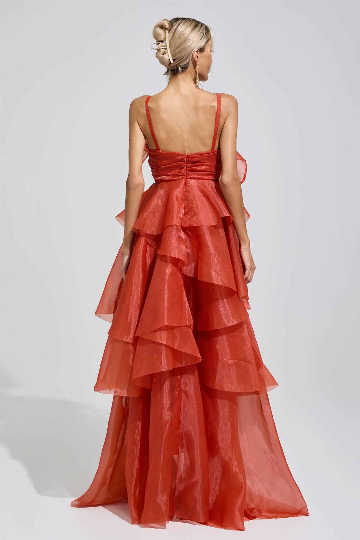 Mavrek Red Halter Ruffle Maxi Dress