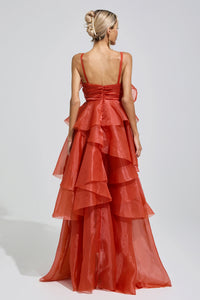 Mavrek Red Halter Ruffle Maxi Dress