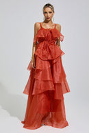 Mavrek Red Halter Ruffle Maxi Dress