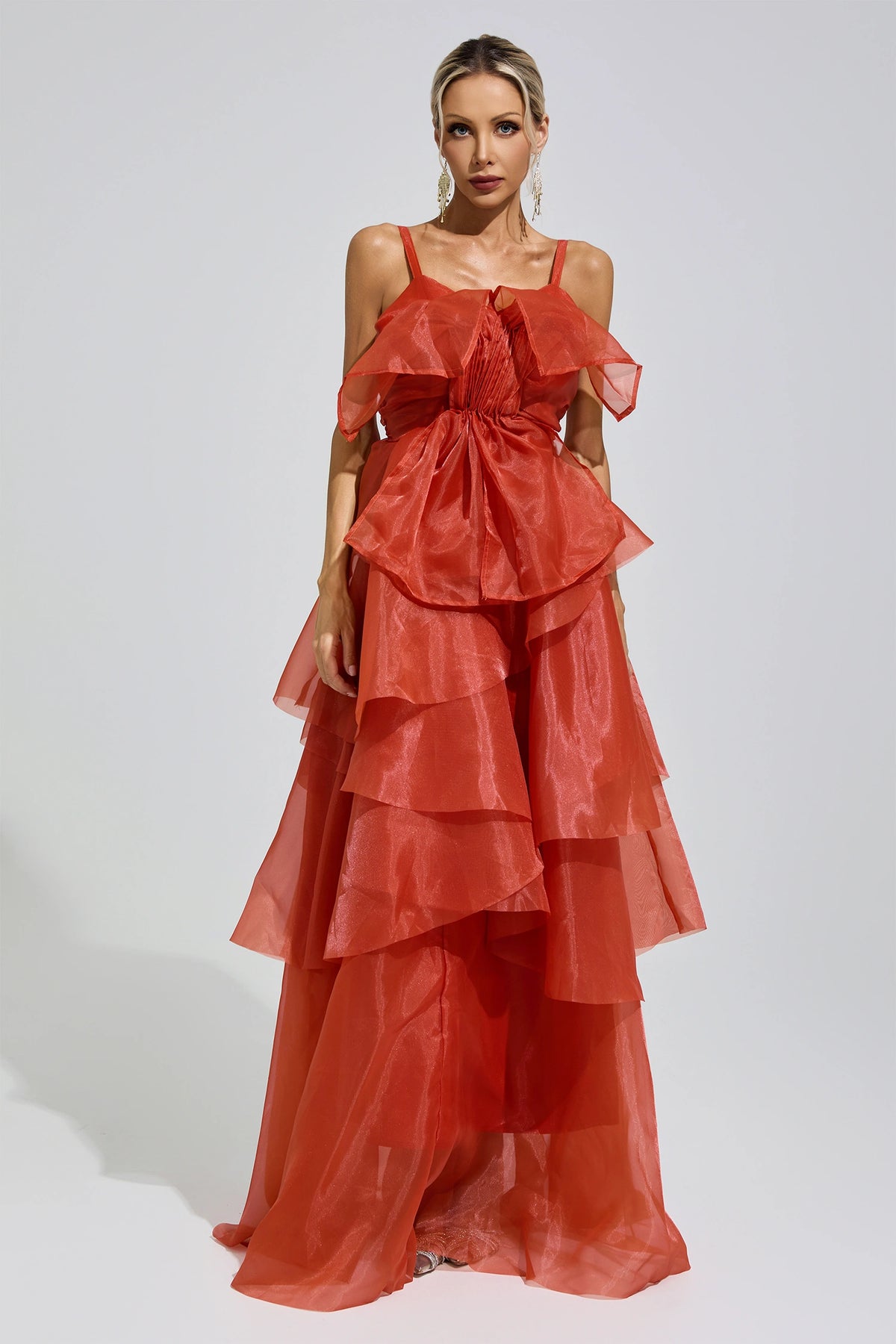 Mavrek Red Halter Ruffle Maxi Dress