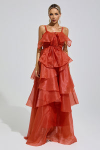 Mavrek Red Halter Ruffle Maxi Dress