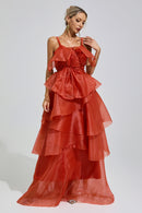 Mavrek Red Halter Ruffle Maxi Dress