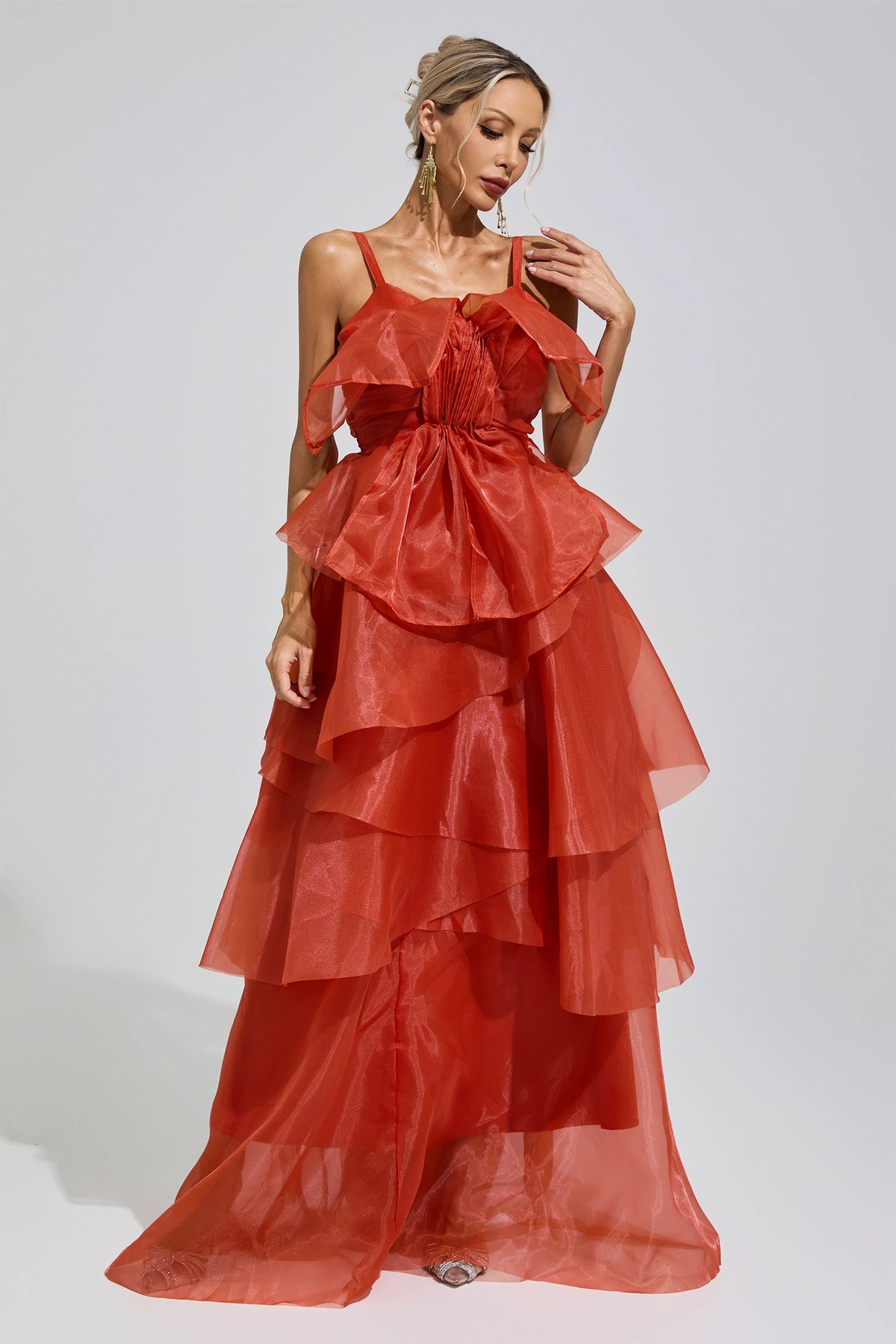 Mavrek Red Halter Ruffle Maxi Dress