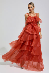 Mavrek Red Halter Ruffle Maxi Dress