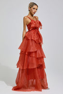 Mavrek Red Halter Ruffle Maxi Dress