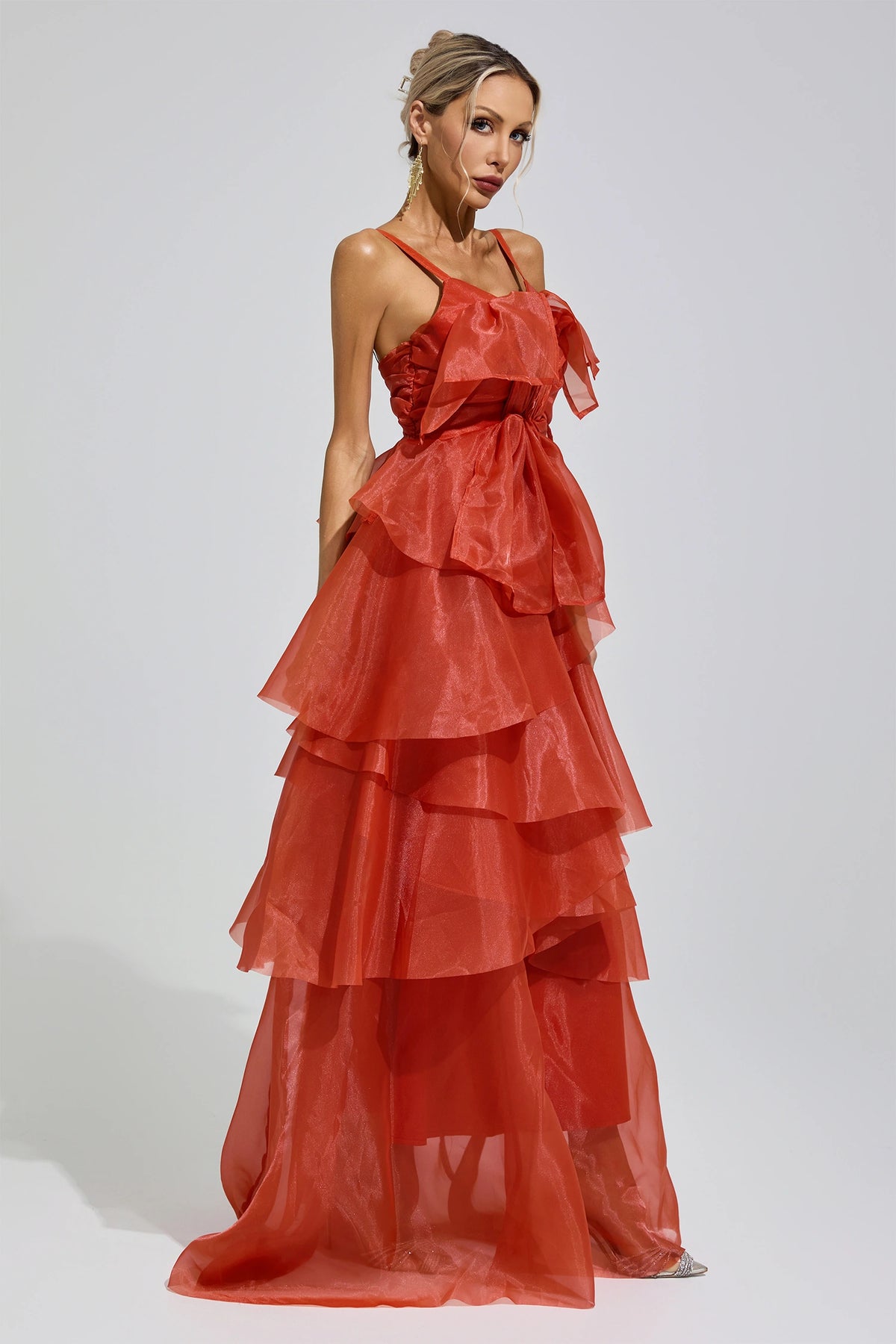 Mavrek Red Halter Ruffle Maxi Dress