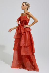 Mavrek Red Halter Ruffle Maxi Dress