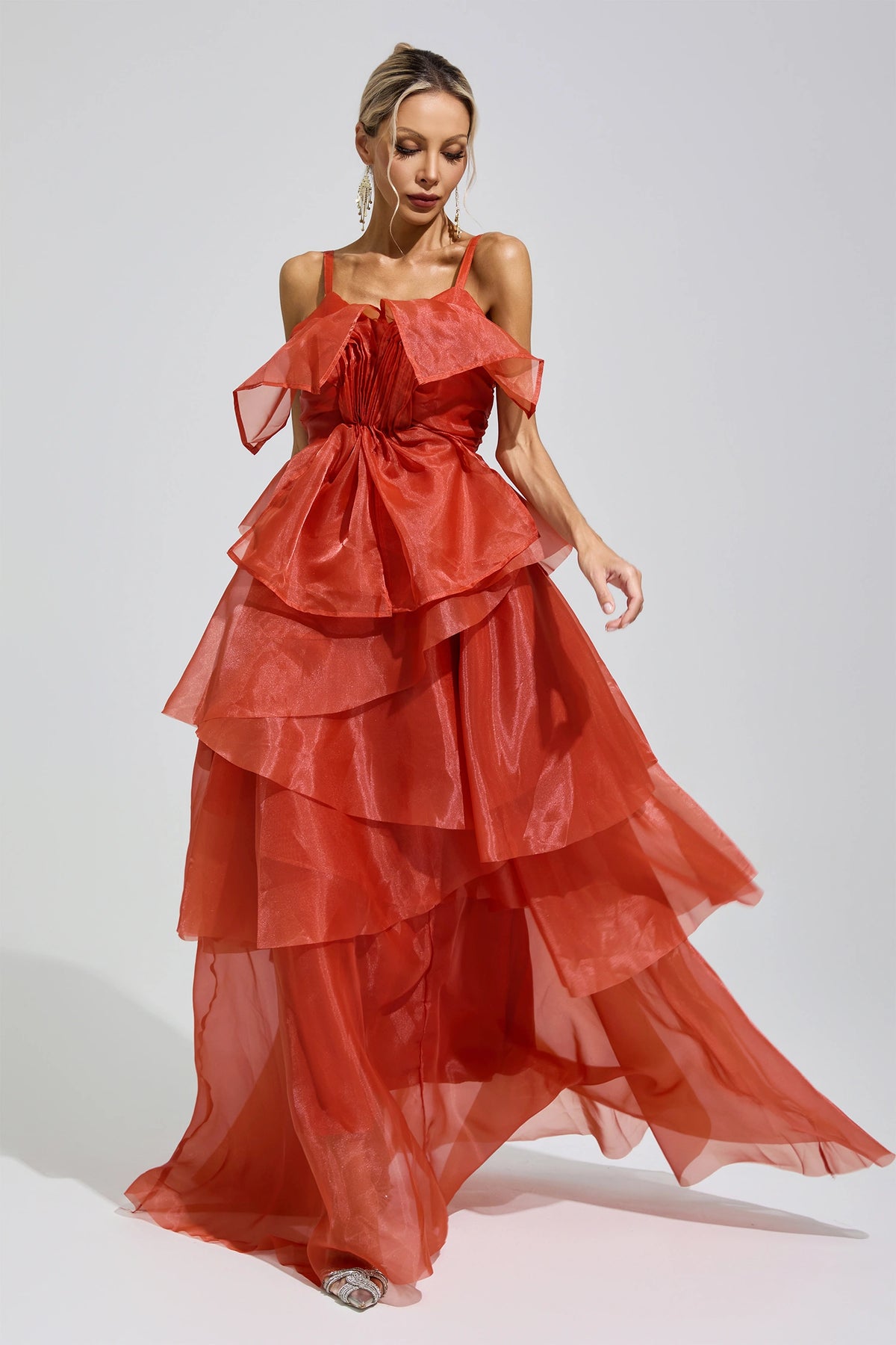 Mavrek Red Halter Ruffle Maxi Dress