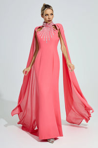 Hovalen Red Beaded Cape Sleeve Maxi Dress