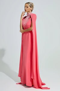 Hovalen Red Beaded Cape Sleeve Maxi Dress