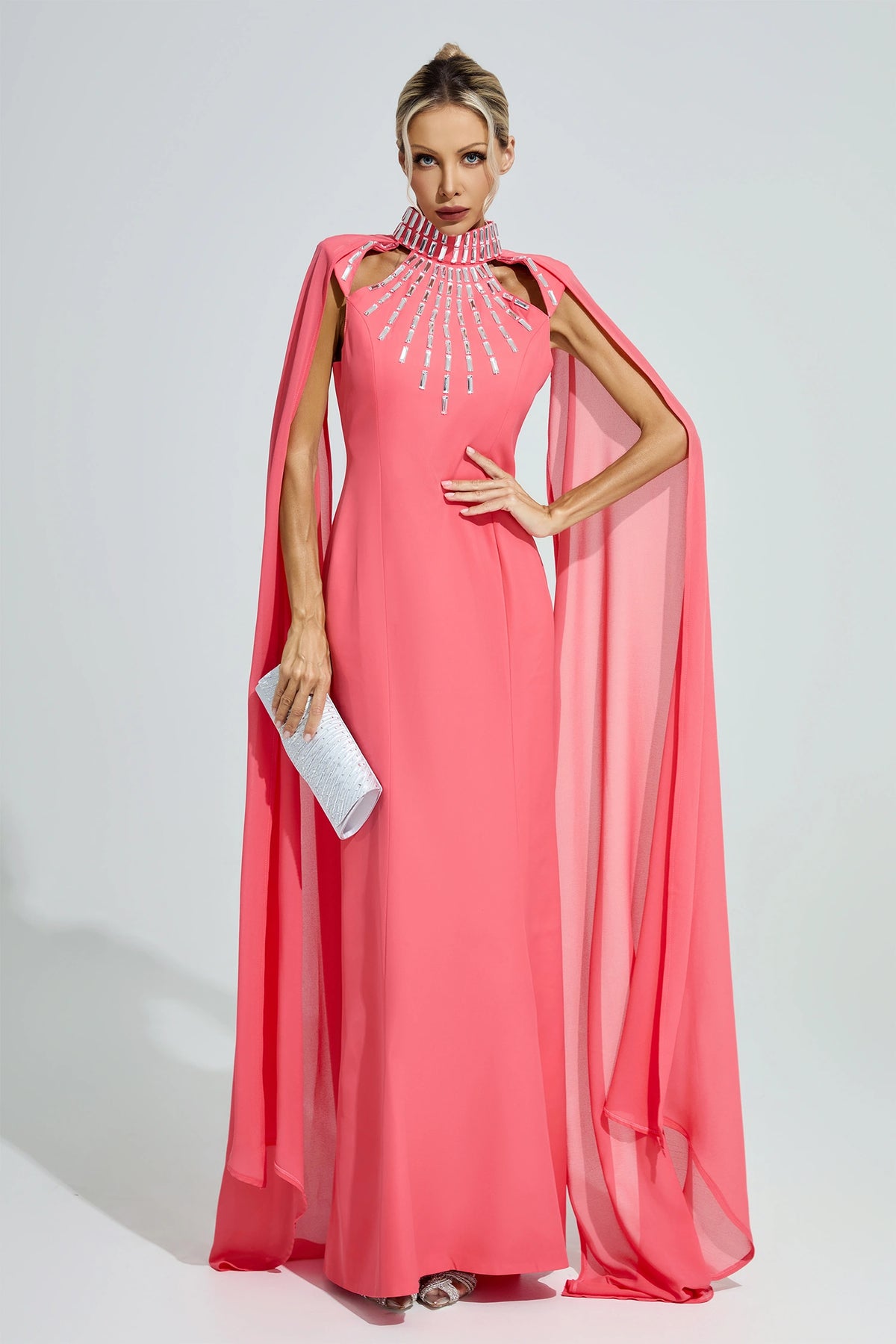 Hovalen Red Beaded Cape Sleeve Maxi Dress
