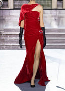 Lowen Asymmetrical Caplet Velvet Maxi Dress