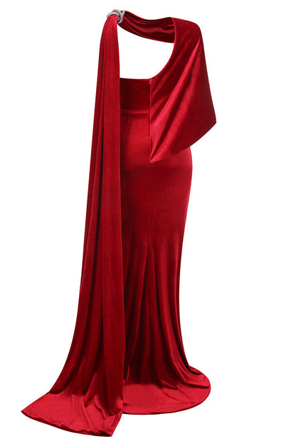 Lowen Asymmetrical Caplet Velvet Maxi Dress