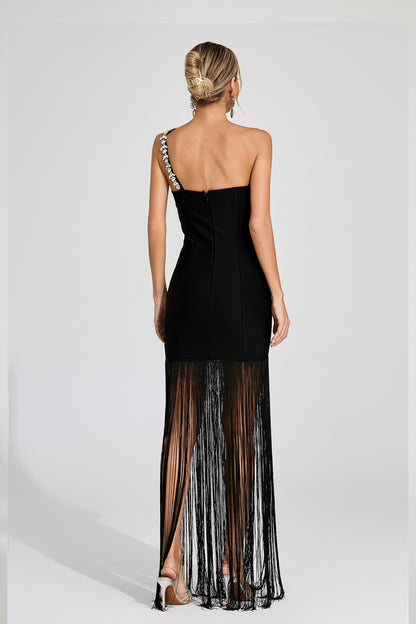 Ithar One Shoulder Fringe Maxi Dress In Black
