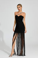 Ithar One Shoulder Fringe Maxi Dress In Black
