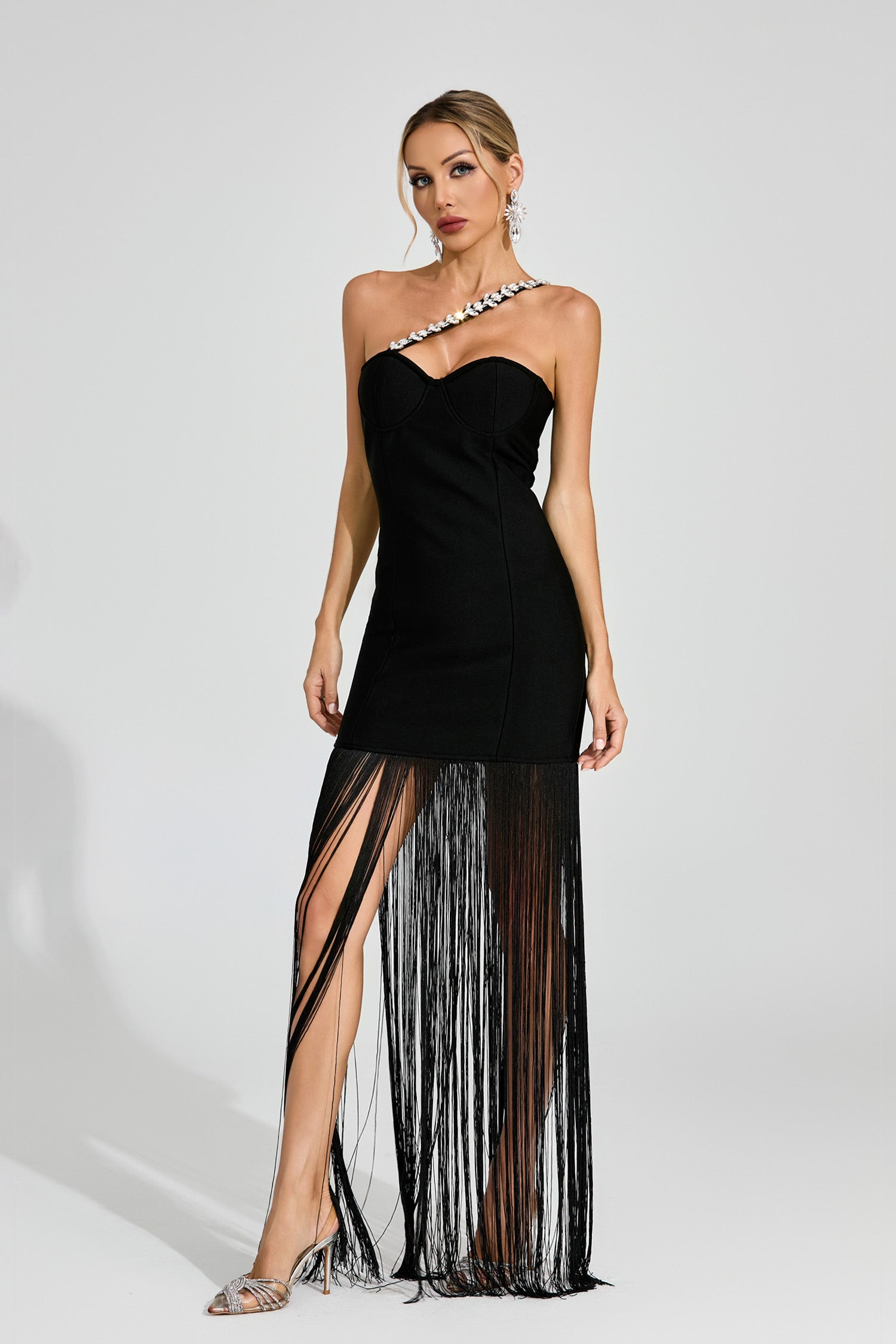 Ithar One Shoulder Fringe Maxi Dress In Black
