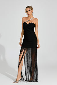 Ithar One Shoulder Fringe Maxi Dress In Black