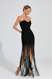 Ithar One Shoulder Fringe Maxi Dress In Black