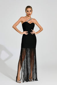 Ithar One Shoulder Fringe Maxi Dress In Black