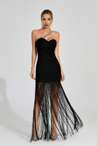 Ithar One Shoulder Fringe Maxi Dress In Black