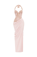 Emsiko Halterneck Lace Corset Split Dress In Pink