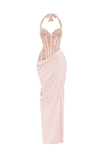 Emsiko Halterneck Lace Corset Split Dress In Pink