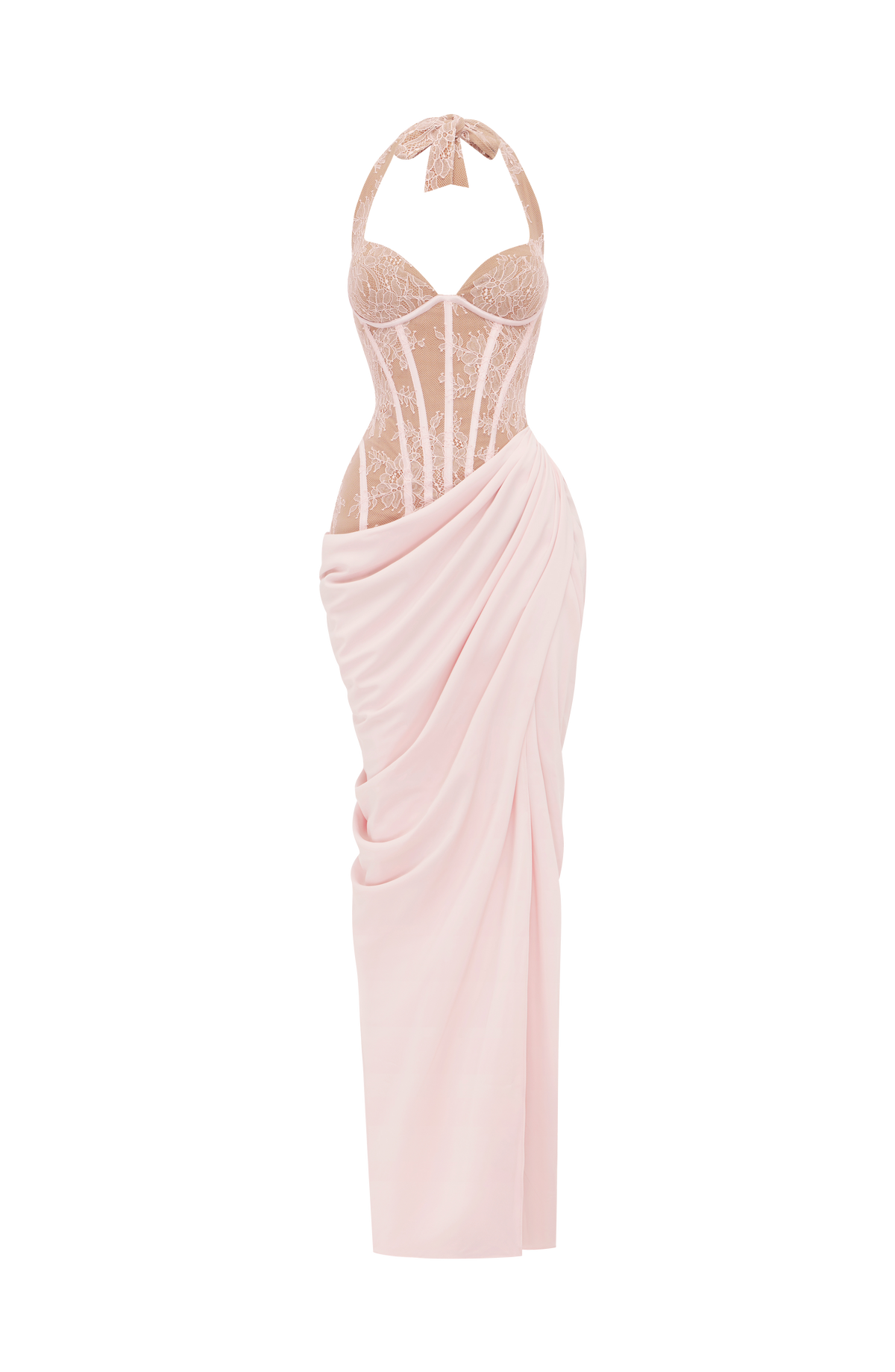 Emsiko Halterneck Lace Corset Split Dress In Pink