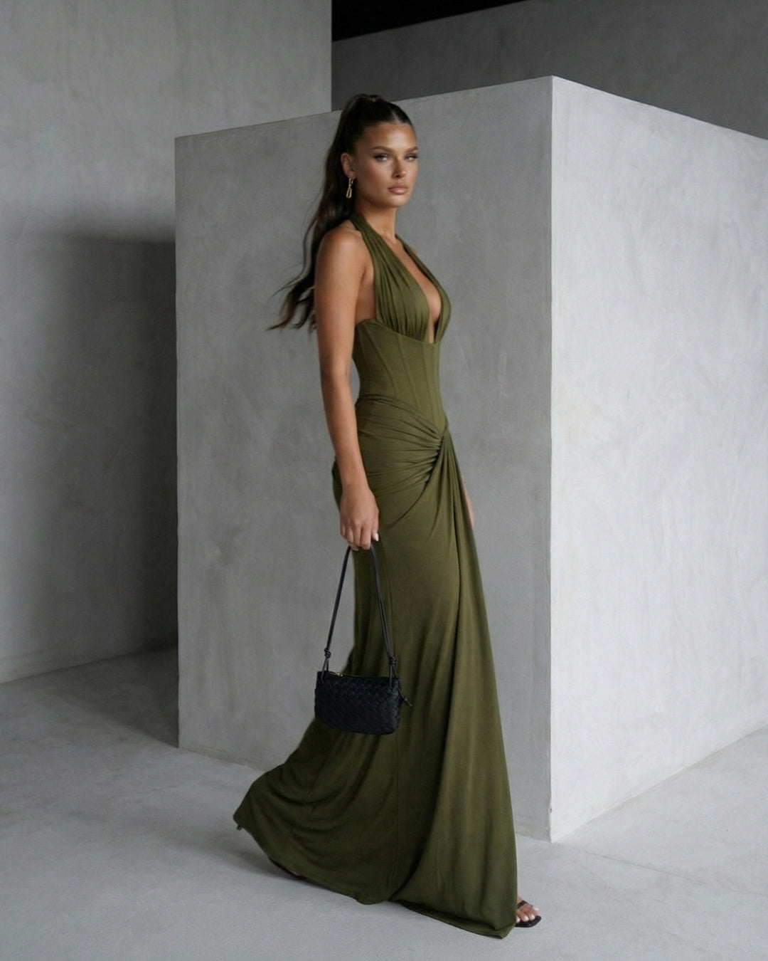 Genowefa Olive Draped Halter Maxi Dress