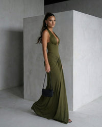 Genowefa Olive Draped Halter Maxi Dress