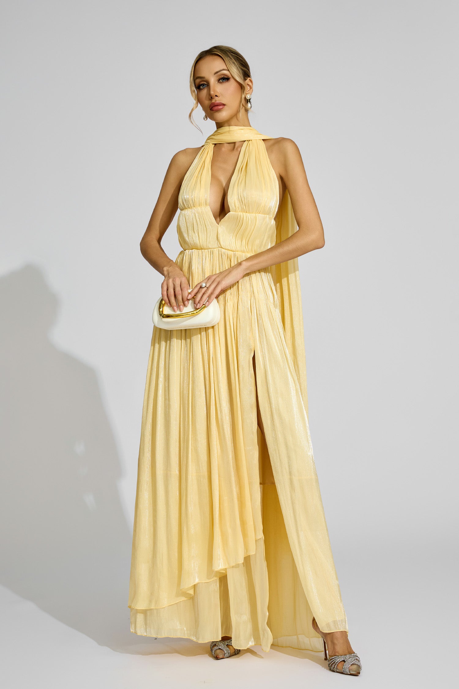 Alecto Halter Pleated Maxi Dress In Yellow