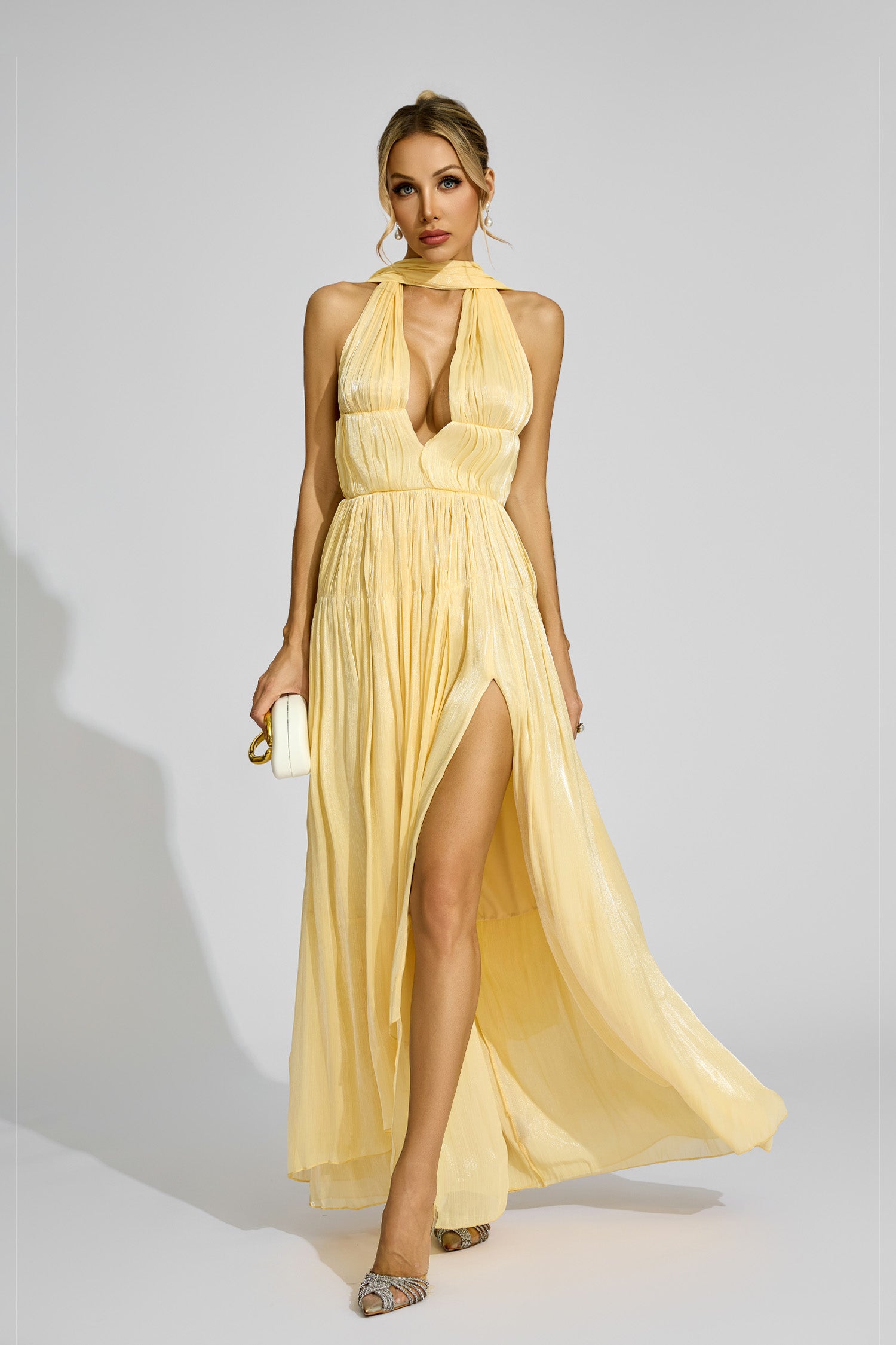 Alecto Halter Pleated Maxi Dress In Yellow
