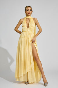 Alecto Halter Pleated Maxi Dress In Yellow