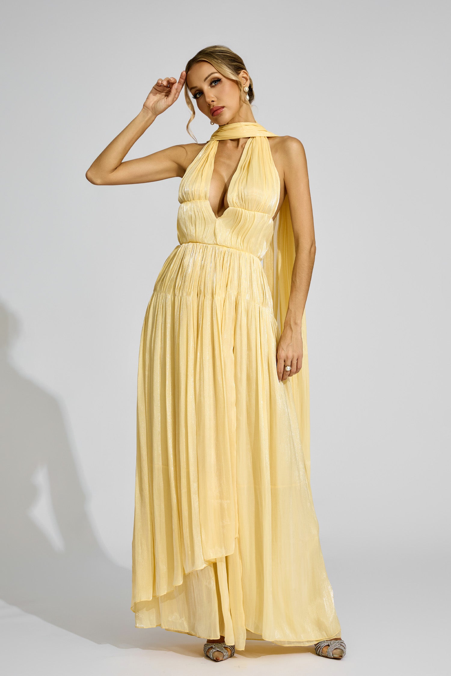 Alecto Halter Pleated Maxi Dress In Yellow