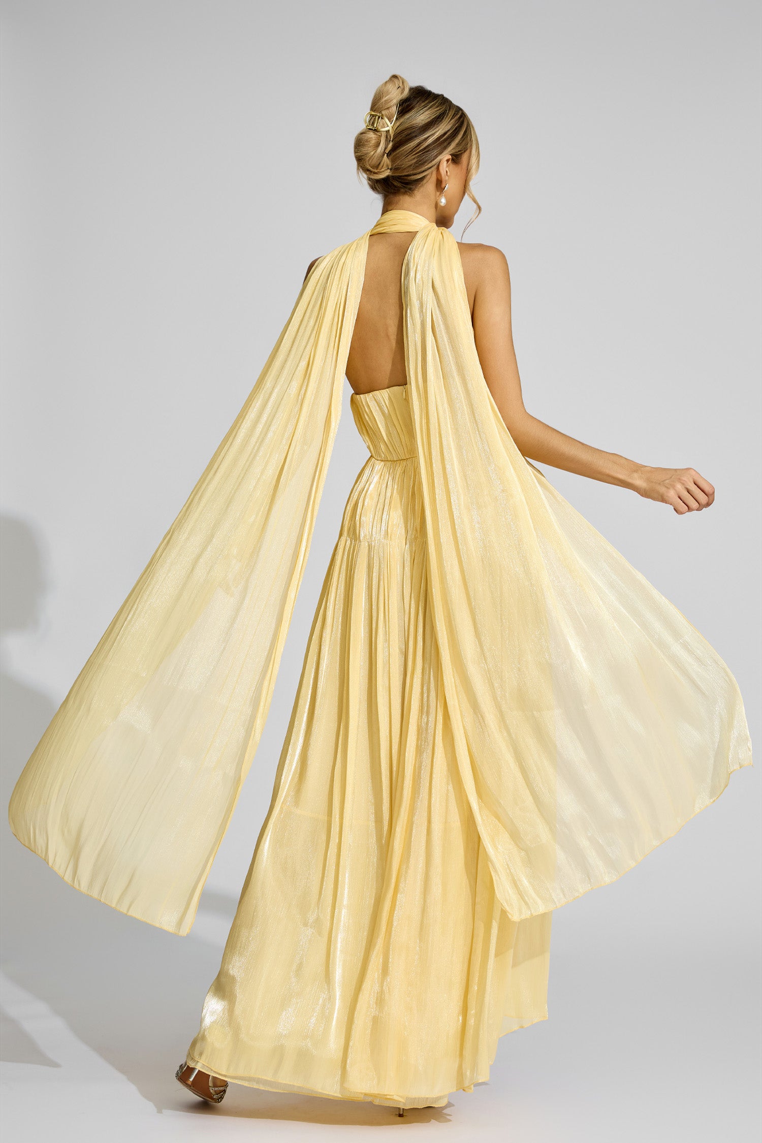 Alecto Halter Pleated Maxi Dress In Yellow
