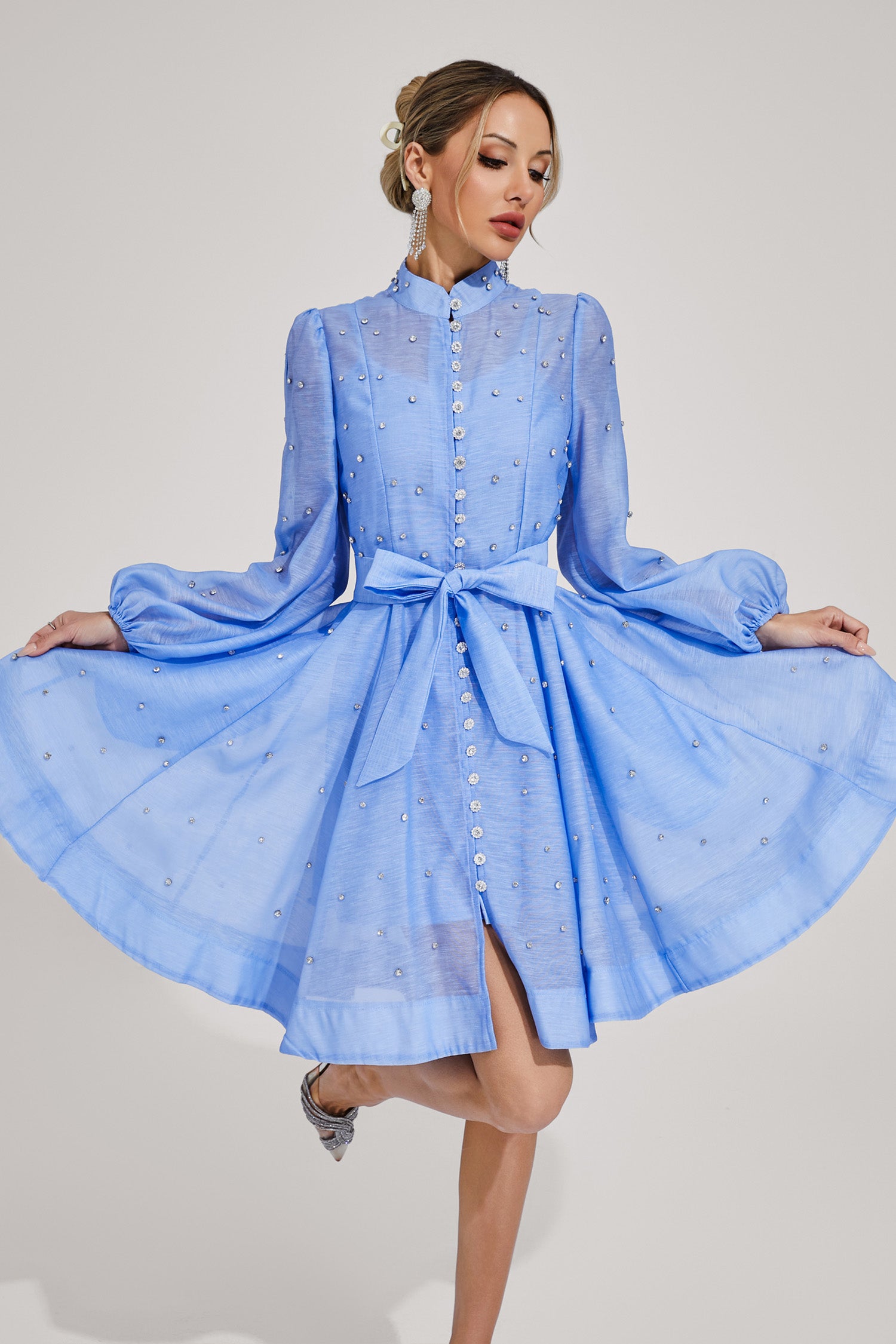 Wryssa Diamond Embellished Mini Dress In Blue Blue / L Wryssa Diamond Embellished Mini Dress In Blue Blue / L