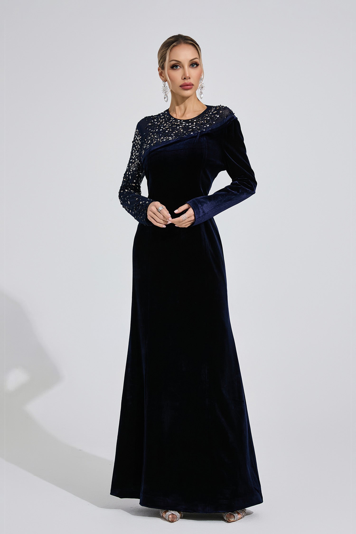 Evarix Velvet Mesh Diamond Maxi Dress