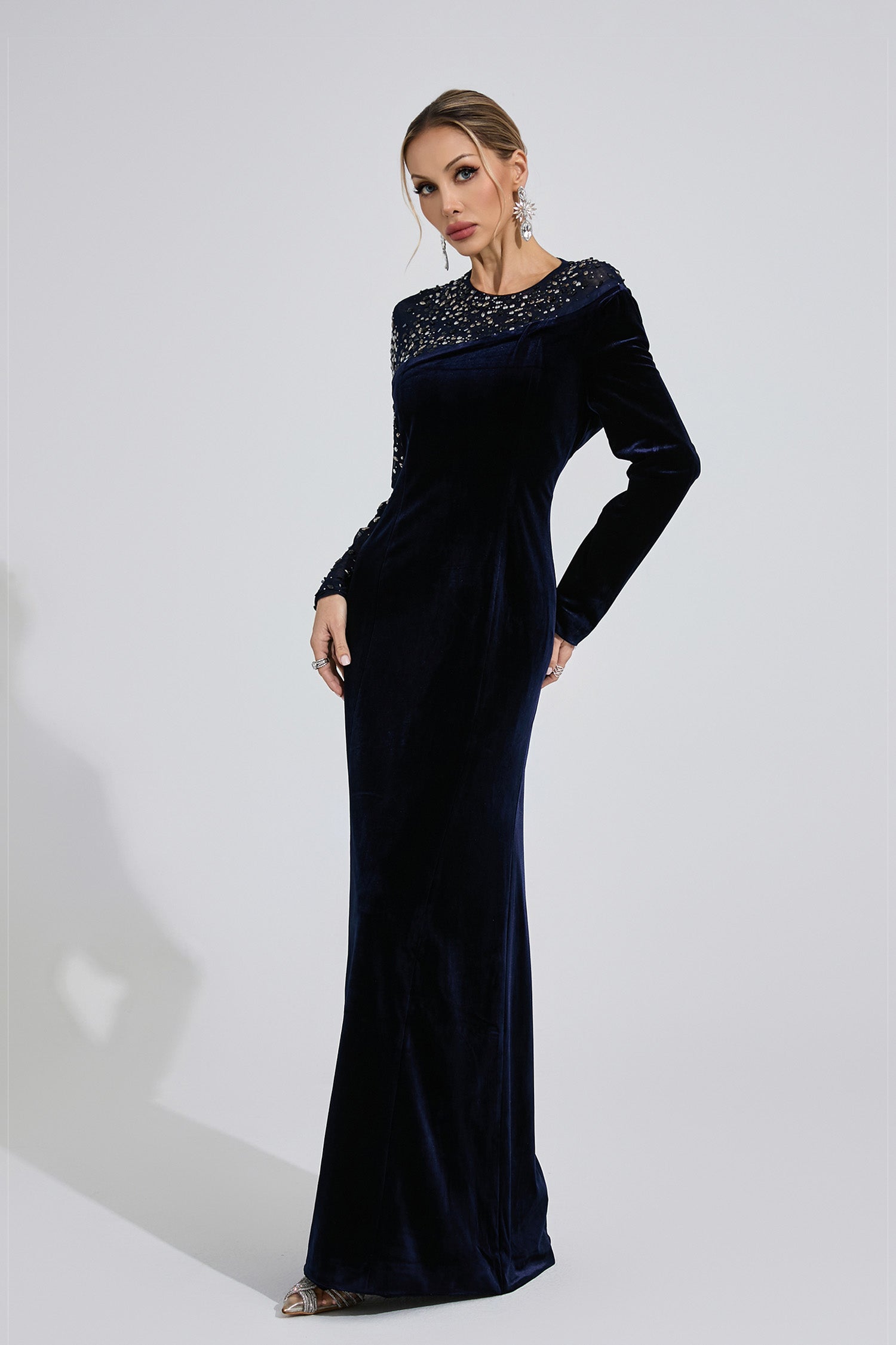 Evarix Velvet Mesh Diamond Maxi Dress