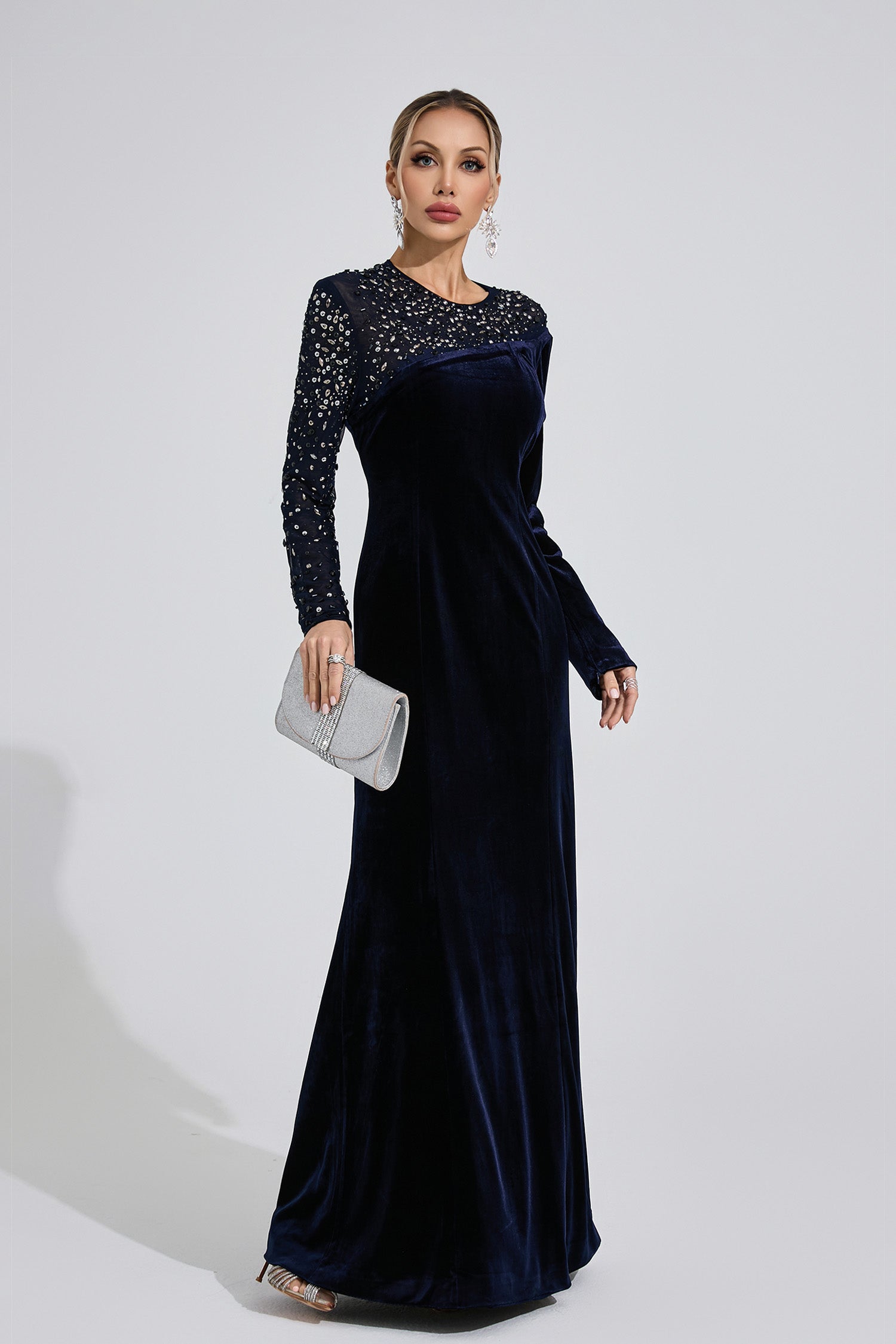 Evarix Velvet Mesh Diamond Maxi Dress
