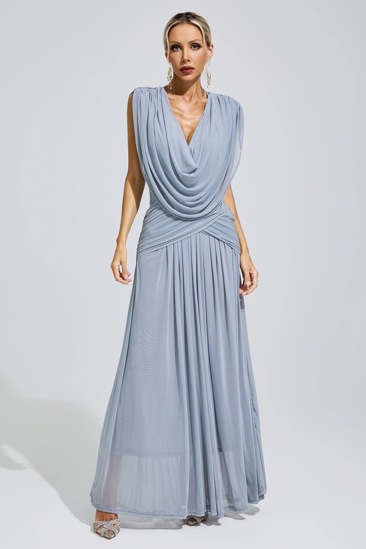 Fredrica Blue Pleated Knit Maxi Dress