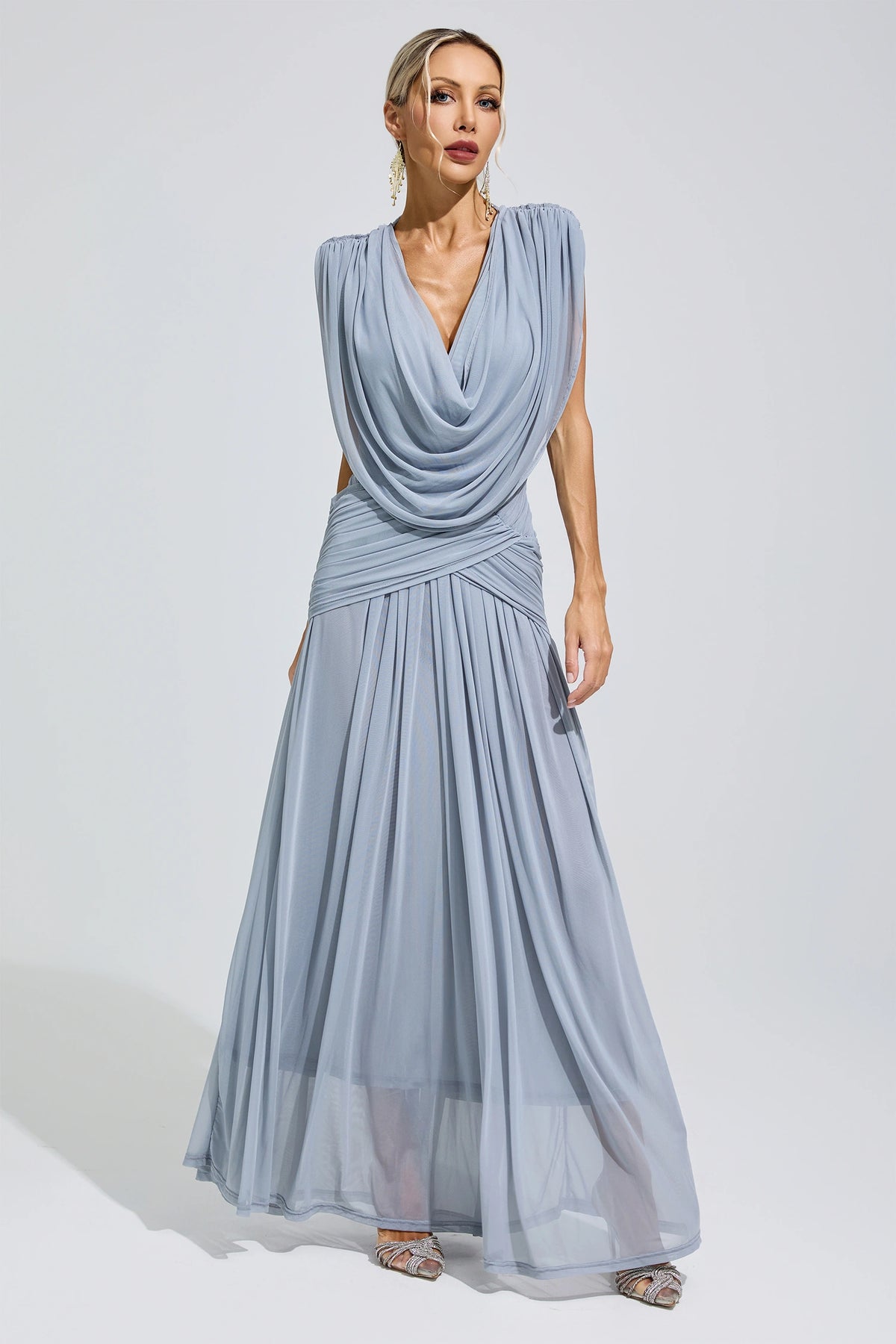Fredrica Blue Pleated Knit Maxi Dress