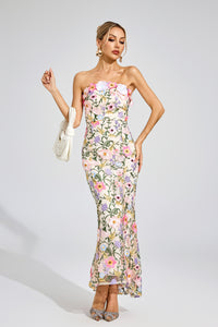 Elythar Floral Embroider Maxi Dress In Apricot