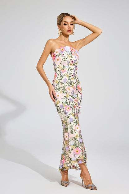Elythar Floral Embroider Maxi Dress In Apricot