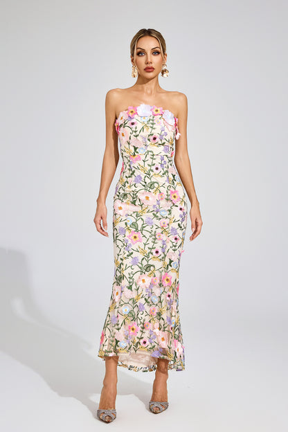 Elythar Floral Embroider Maxi Dress In Apricot