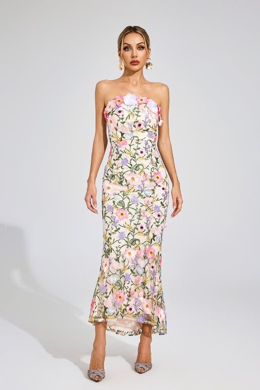 Elythar Floral Embroider Maxi Dress In Apricot