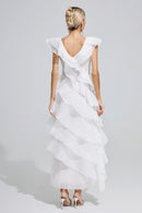 Dolvess White Ruffle Trim Midi Dress